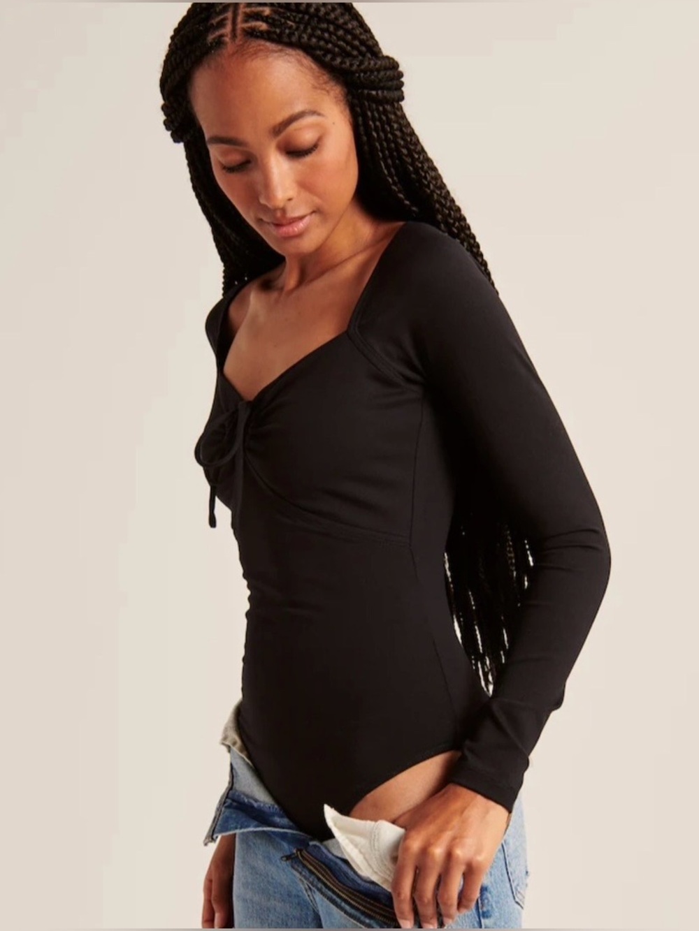 Abercrombie & Fitch Black Long-Sleeve Seamless Cinched Front Bodysuit NEW - Picture 3 of 9